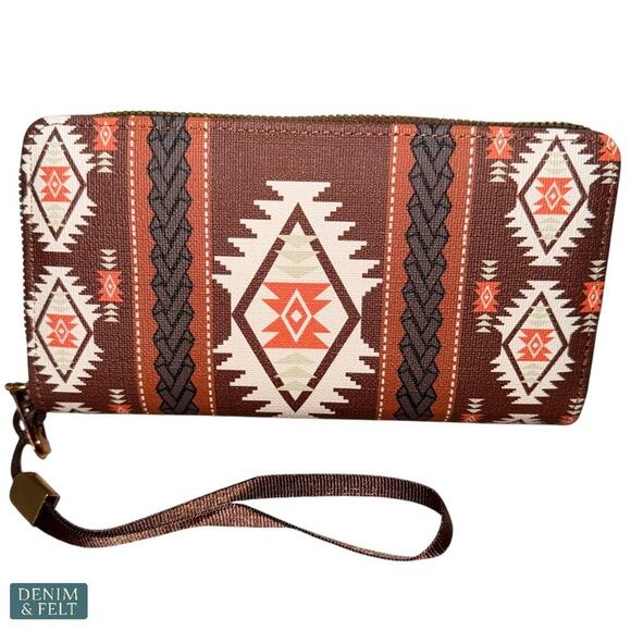 Tribal Print Brown Wallet Wristlet w/ Double Zip Around Closure & Card Slots NEW - Picture 1 of 7